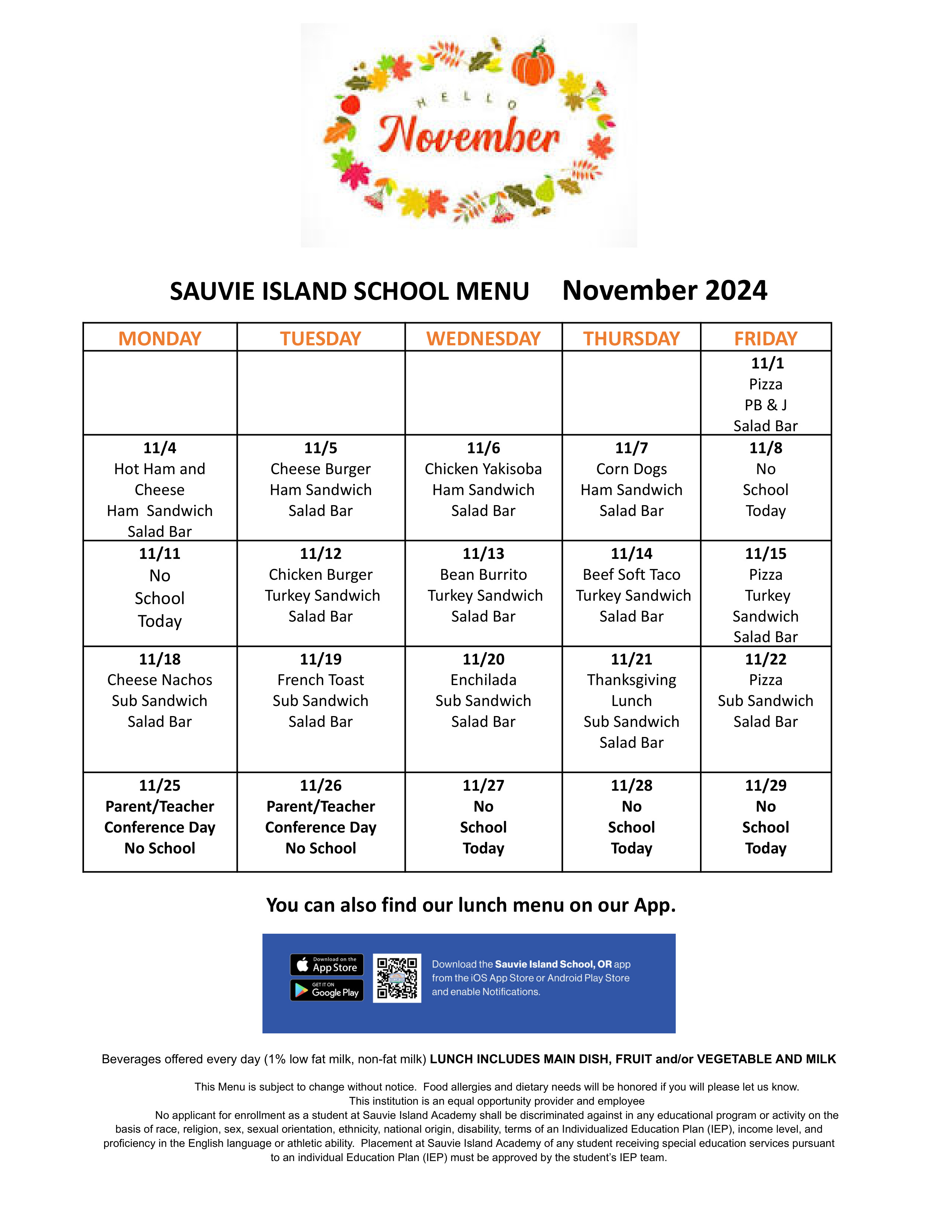 Nov 2024 lunch Menu