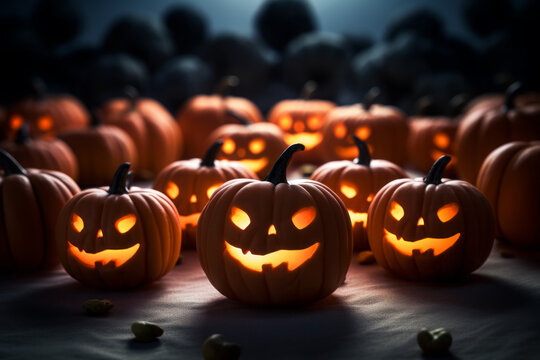 Image of many carved pumpkins on a dark night