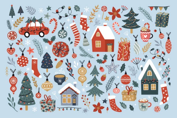 illustration with little trees, stockings, houses and candy canes