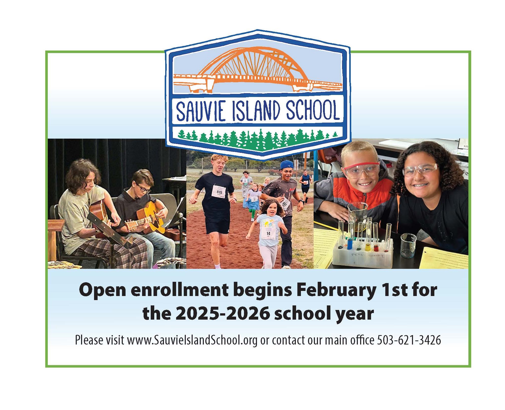 Open enrollment flyer with student candid photos 