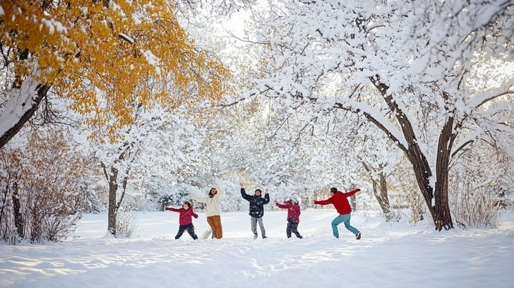 photo of kids playing under snowy trees