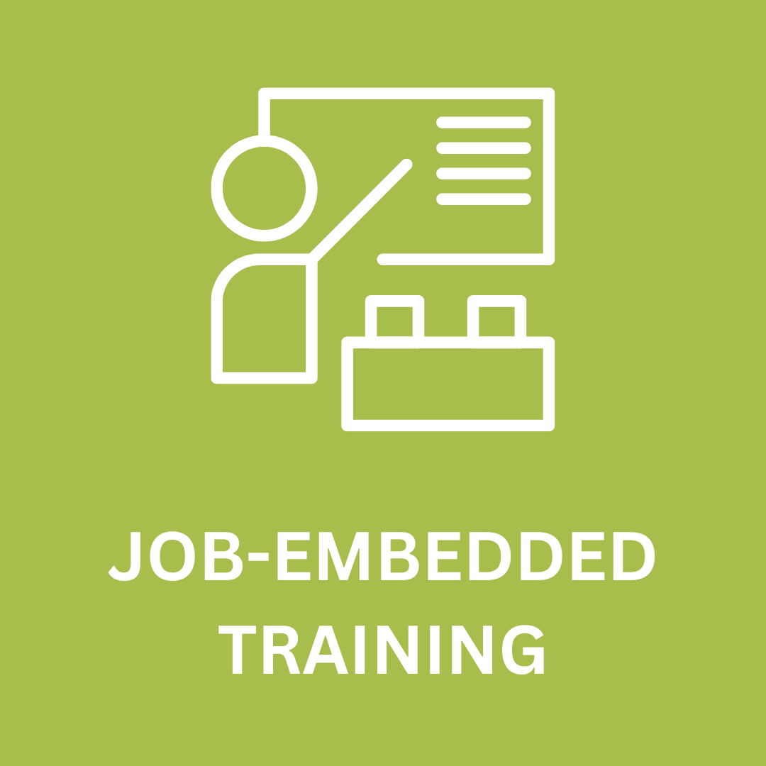 icon showing a teacher with students with words job-embedded training on a green background