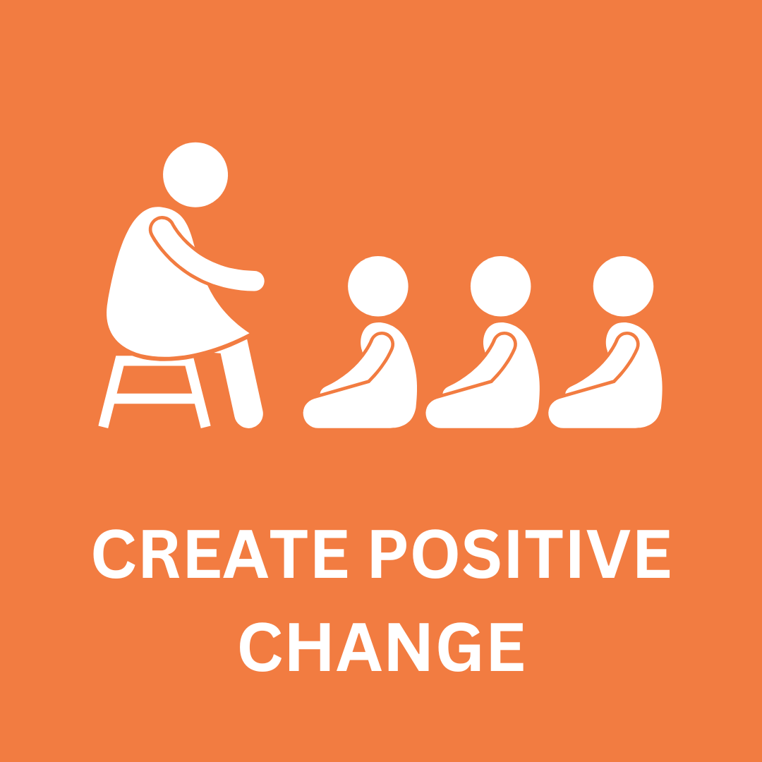 icon with teacher seated and three children seated listening - words create positive change. Orange background