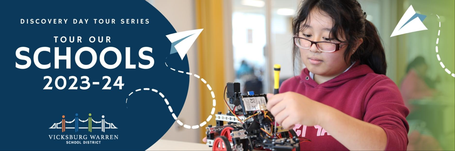 A female middle school student building a robot. The graphic also says, "Discovery Day Tour Series. Tour Our Schools 2023-24."