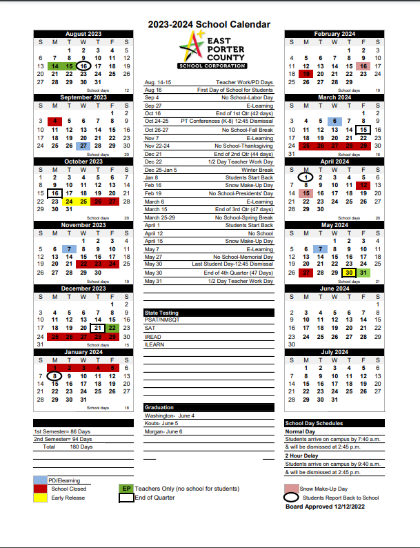 School Year Calendars East Porter County School Corporation School Year Calendars East Porter County School Corporation