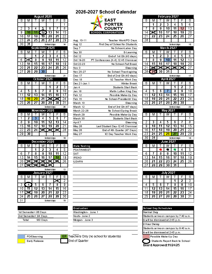 Family Factor – Summer Break School Year Calendars | East Porter County School Corporation