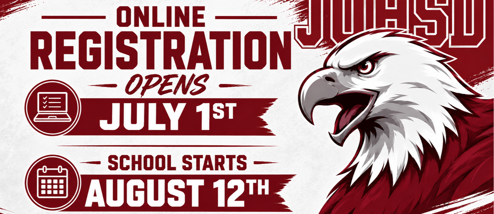An announcement with a red and white background features an eagle, date, and text about registration and school start date.
