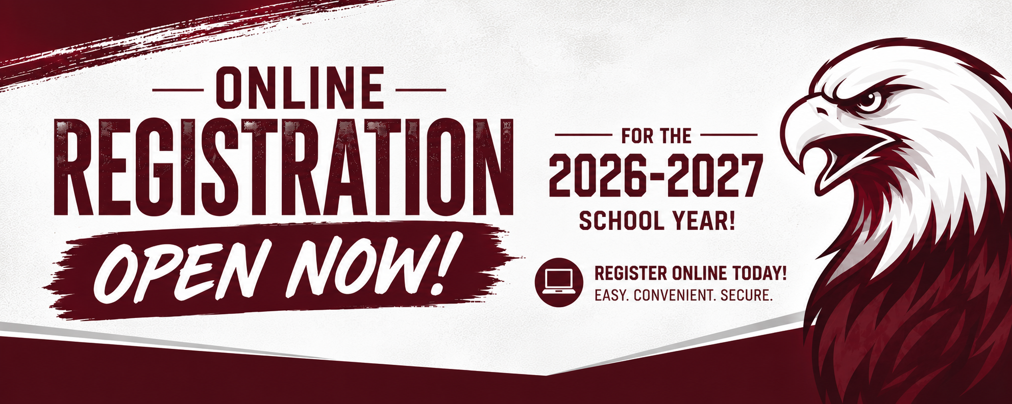 An advertisement poster for online registration for the 2026-2027 school year with an eagle image.