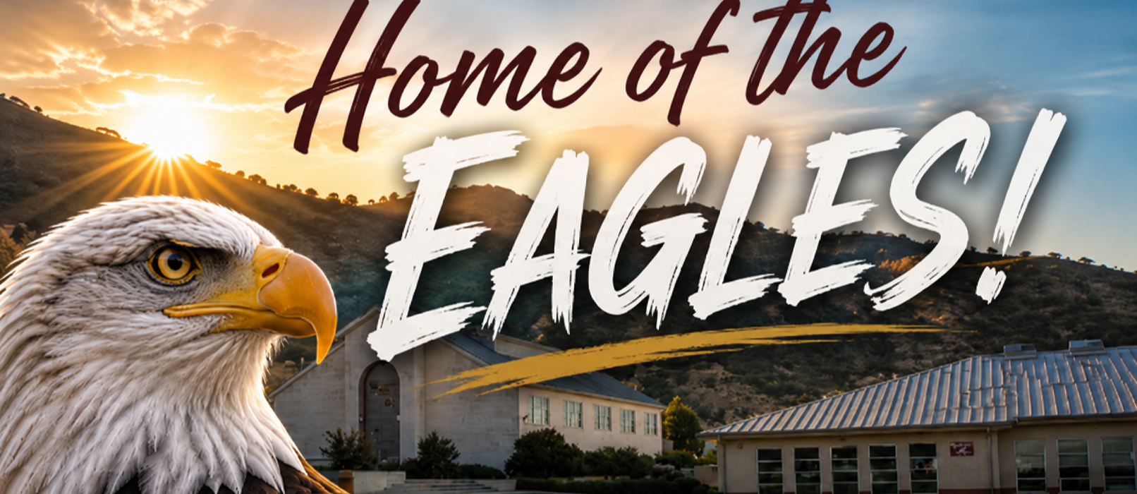 A bald eagle stands with mountains and a building in the background. Text reads "Home of the Eagles!"