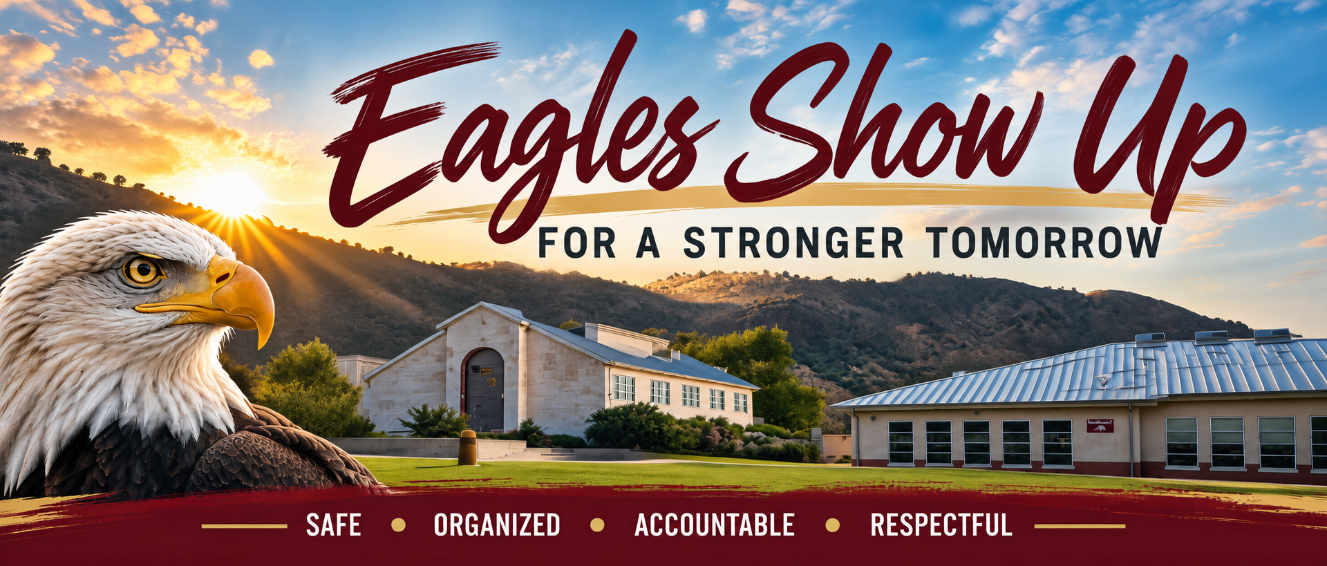 Advertisement poster with text "Eagles Show Up For A Stronger Tomorrow" and an eagle in front of a building.