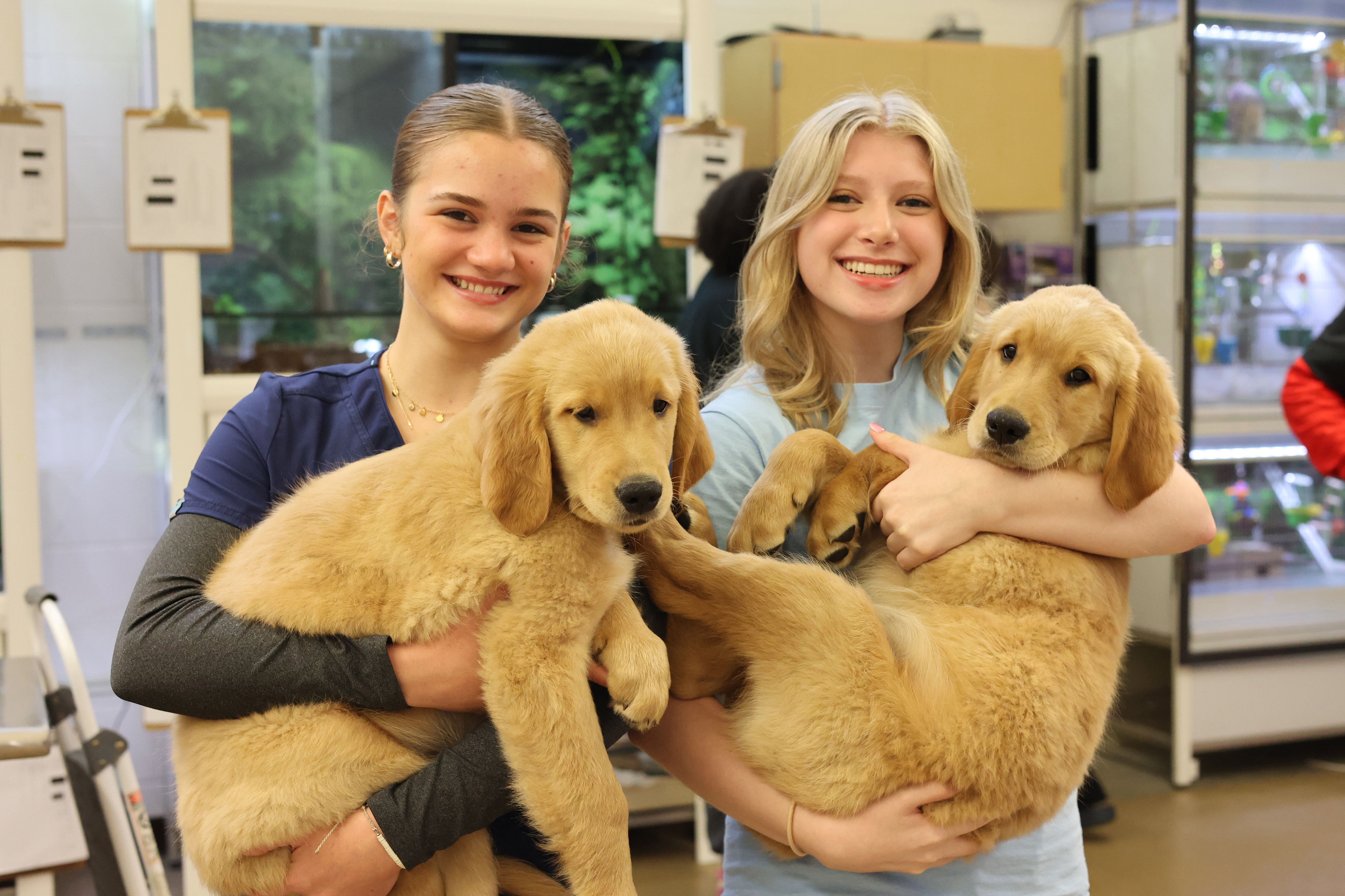 Female students each holding a golden retriever puppy.