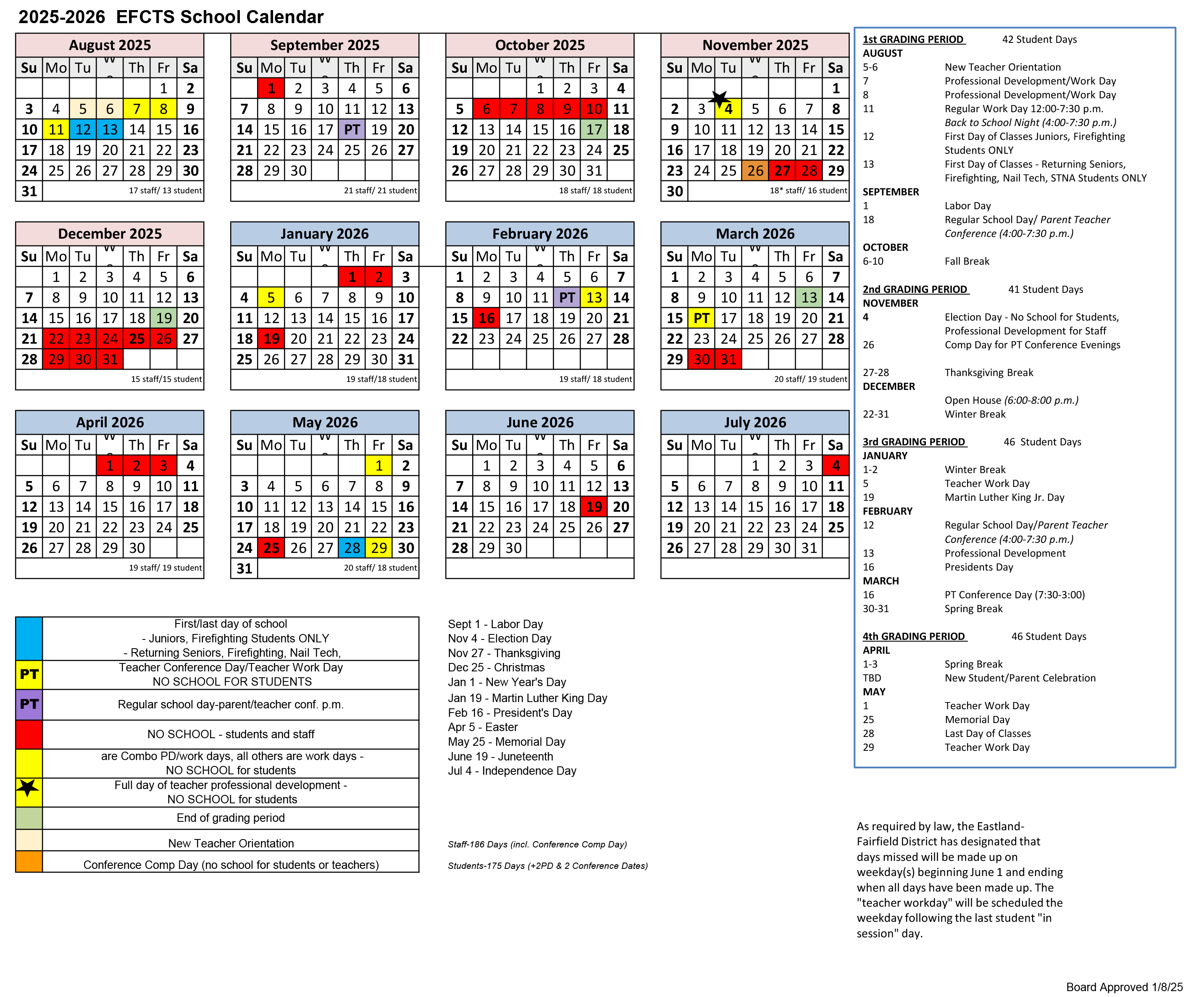 2025-26 EFCTS District Calendar