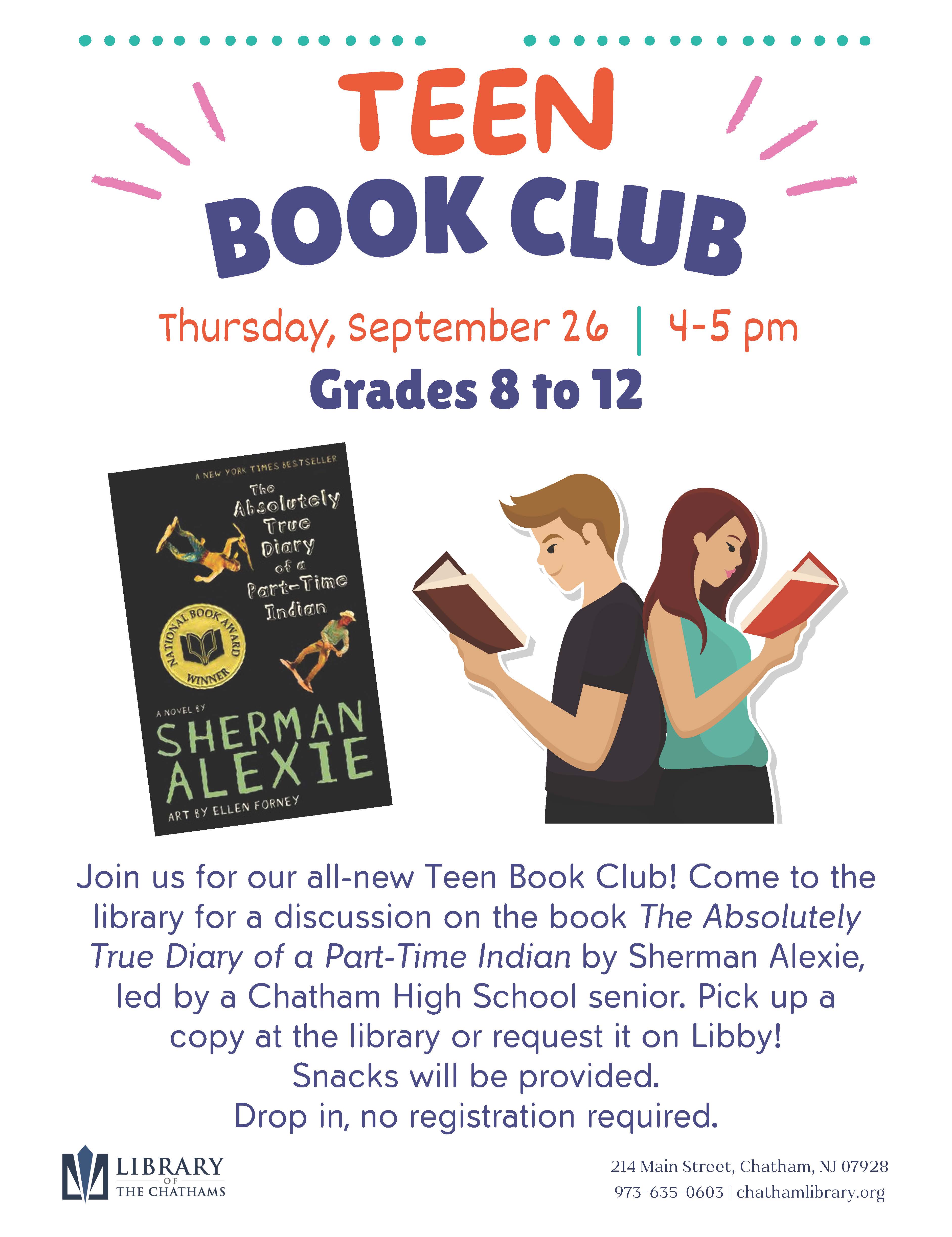 Teen Book Club Thrusday September 26 4-5 PM Grades 8-12