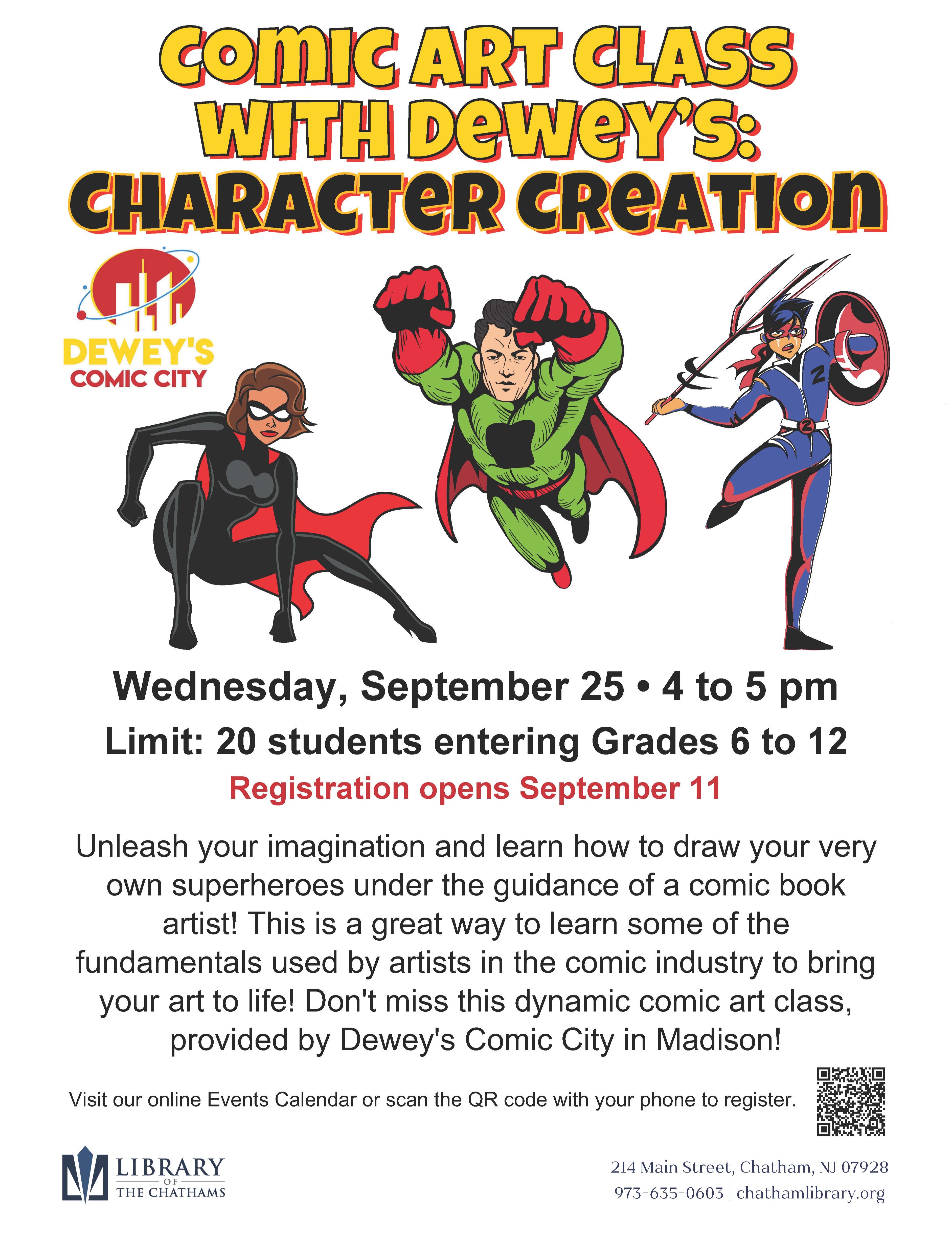 Comi ARt Class with Dewey's Character Creation, Wednesday September 252 4-5 pm 