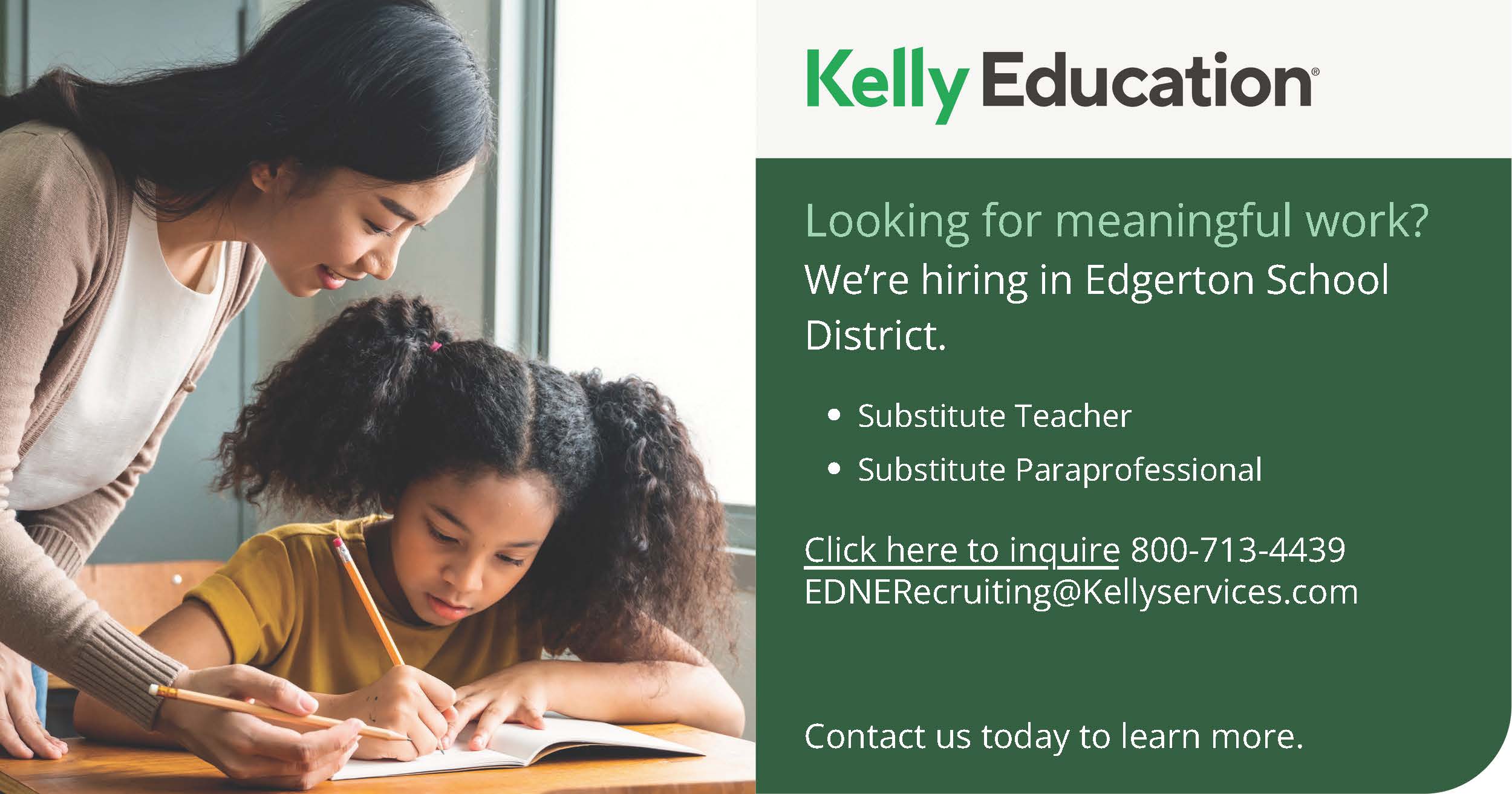 Kelly Education Flyer - Click to Inquire about being a sub teacher or sub ESP