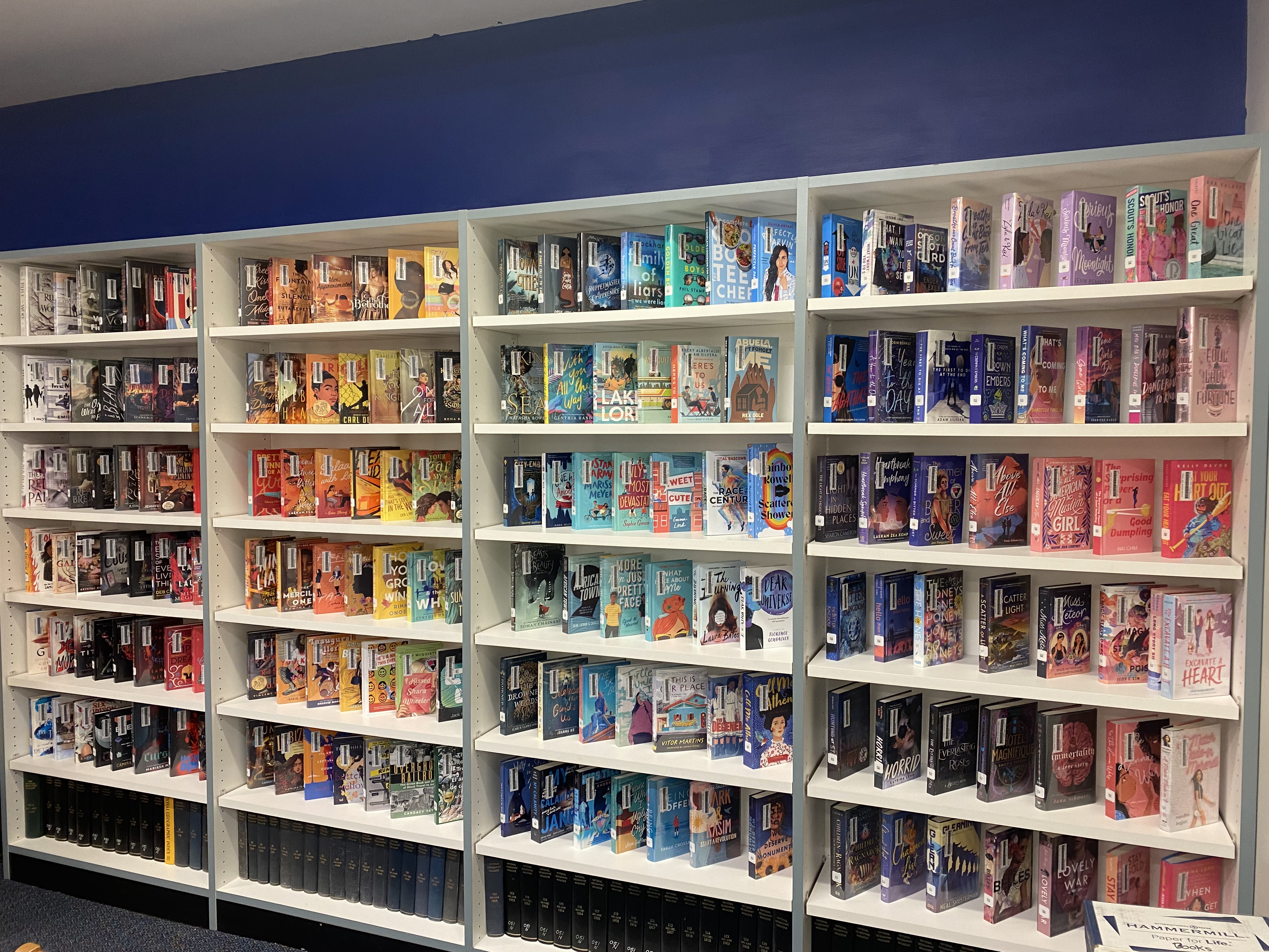 shelves of library books arranged by color of the rainbow