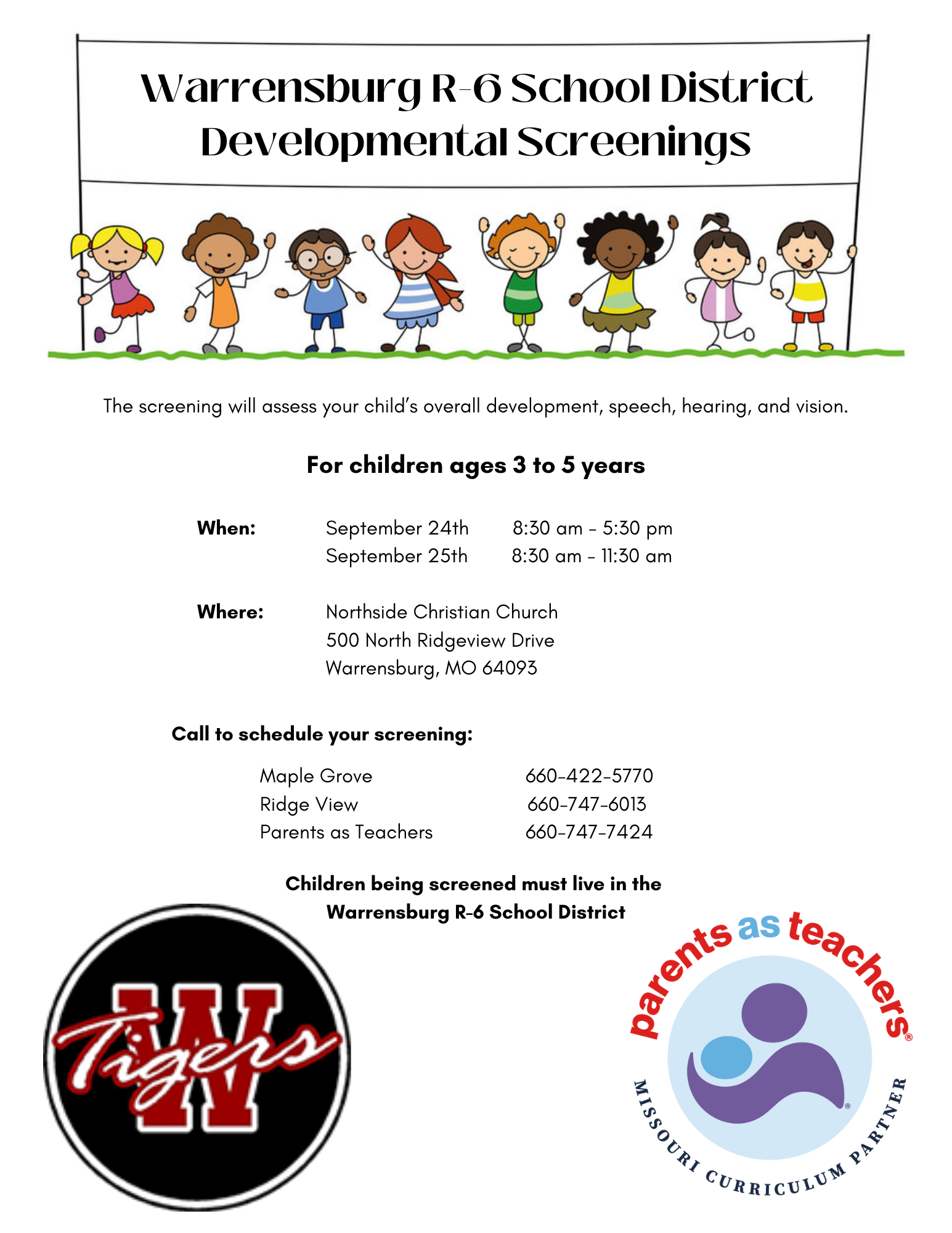 Flyer depicting developmental screening dates on September 24th and 25th for children ages 3-5. Call 660-747-7424 for more information
