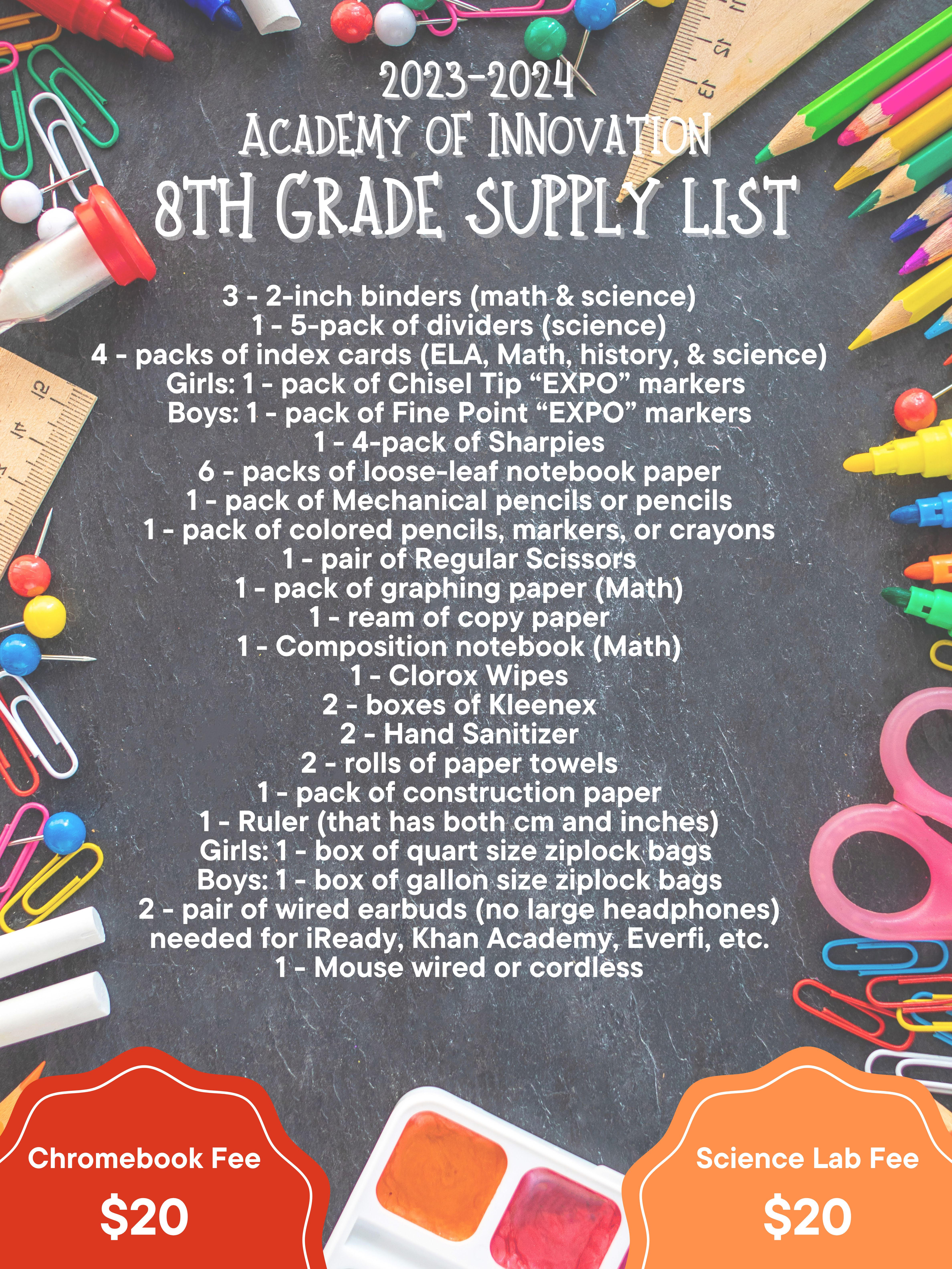 Supply List 8th Grade