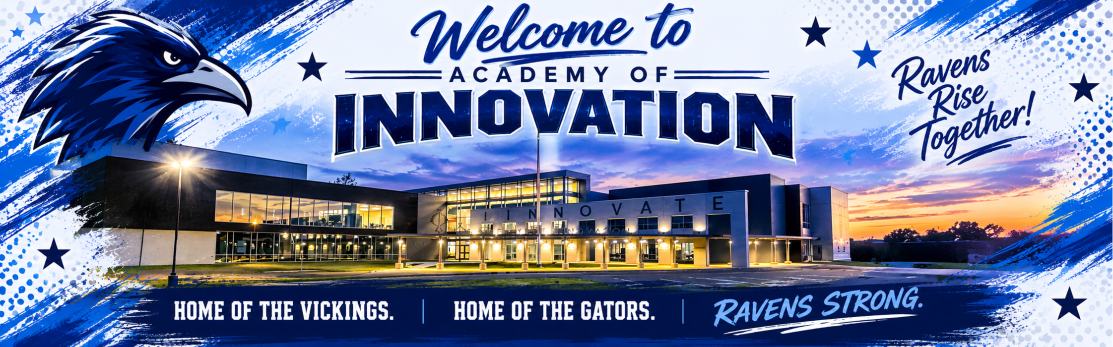 An advertisement shows a modern building, likely a school, with a sunset in the background.