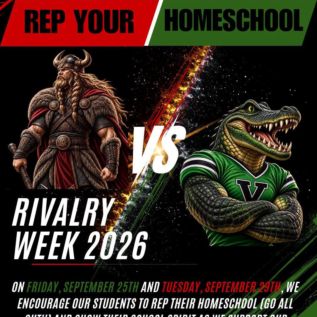 A poster promoting rivalry week 2026, featuring a Viking and a gator mascot, encourages students to show school spirit.