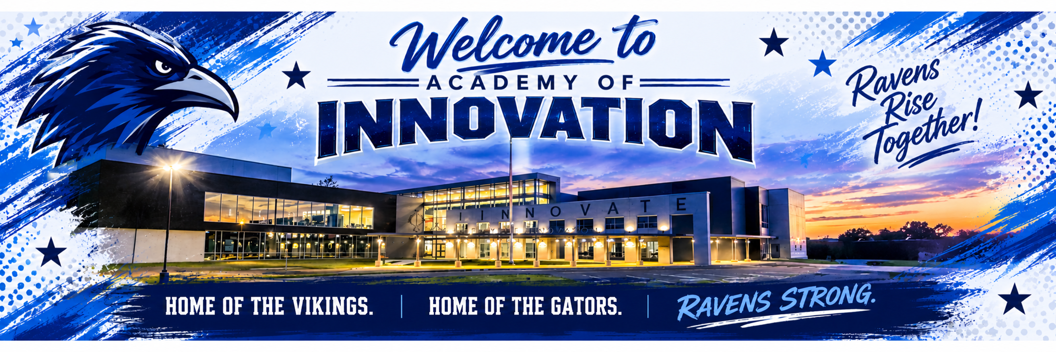 A banner features a school building with a large eagle, stars, and the words "Academy of Innovation" in blue and white.