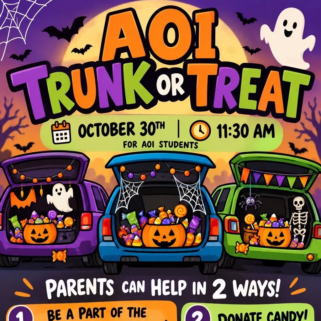 A colorful poster advertising an event. Three trunks are shown, each filled with Halloween decorations and candy. A moon in the background.
