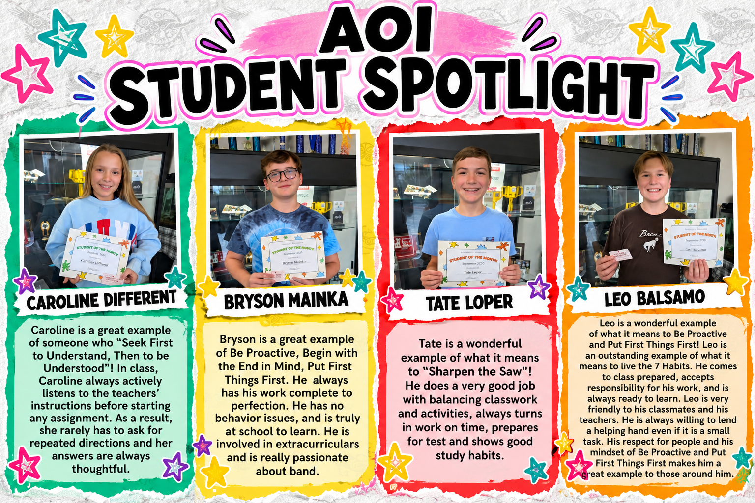 Four students stand in front of a colorful background holding certificates. Each has their name written below.