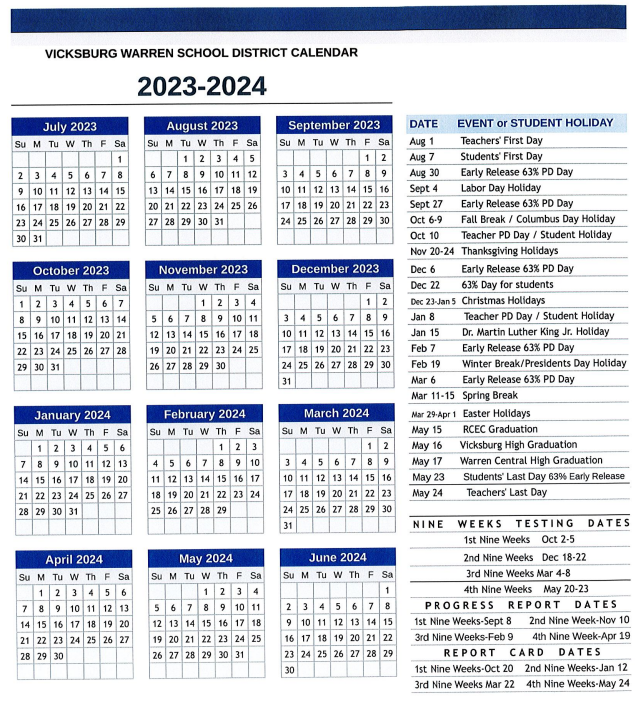 Image of the 2023-2024 VWSD school calendar