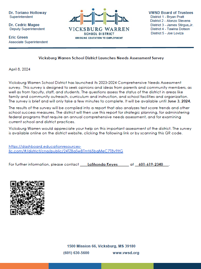 Letter detailing participation in the Critical Needs Assessment with a link & QR code to the survey