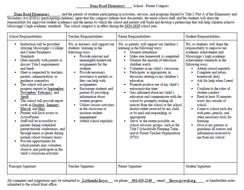 Image of 24-25 school compact detailing responsibilities for the school, teacher, parent, and student