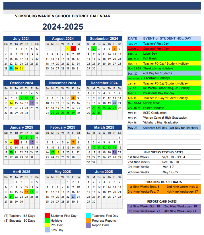 District Calendar with holidays for 24-25 school year