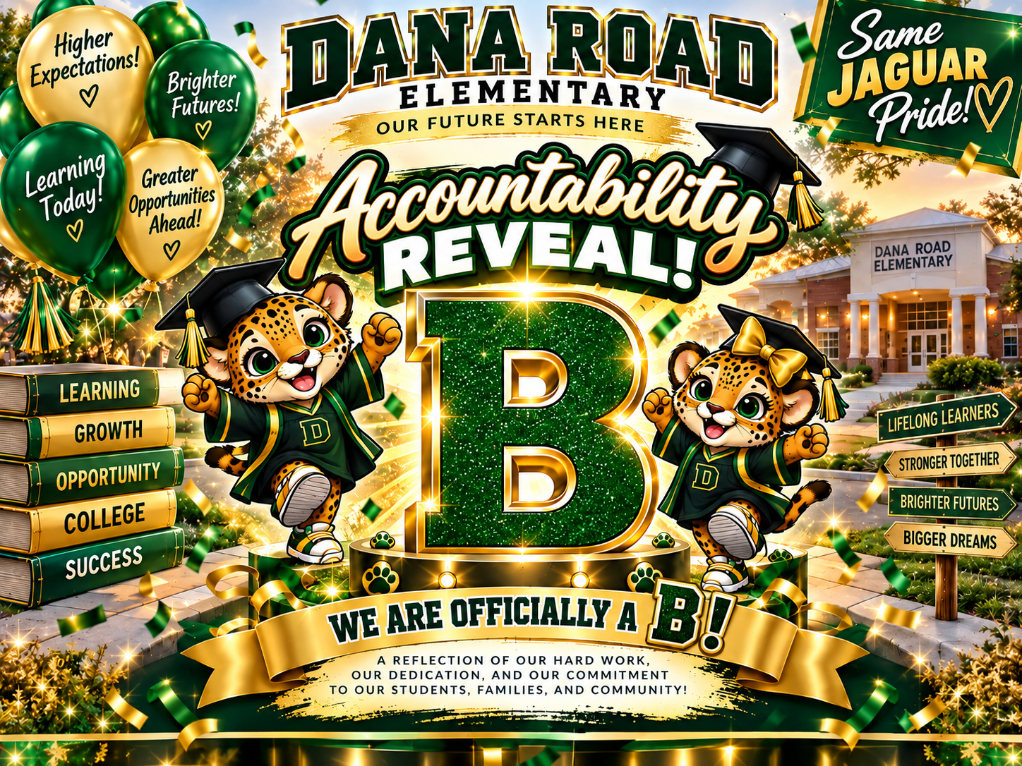 Flyer celebrating Dana Road's accountability grade of B for 25-26 school year