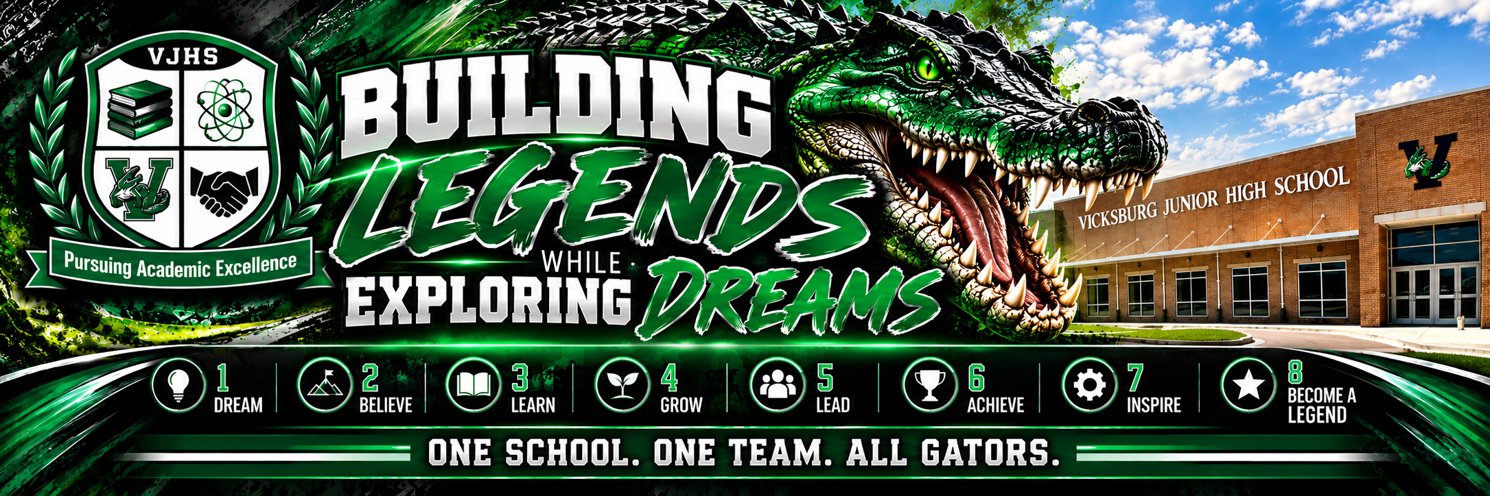 A school building is shown with a large dinosaur logo. Text reads "Building Legends While Exploring Dreams".