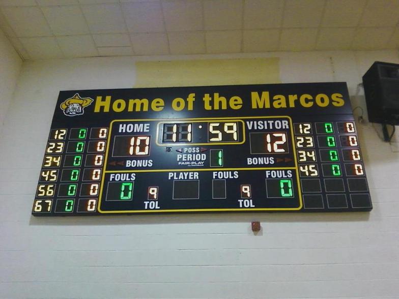 The new Marco scoreboard in the high school gym. Donated by the Polo Athletic Booster Club.