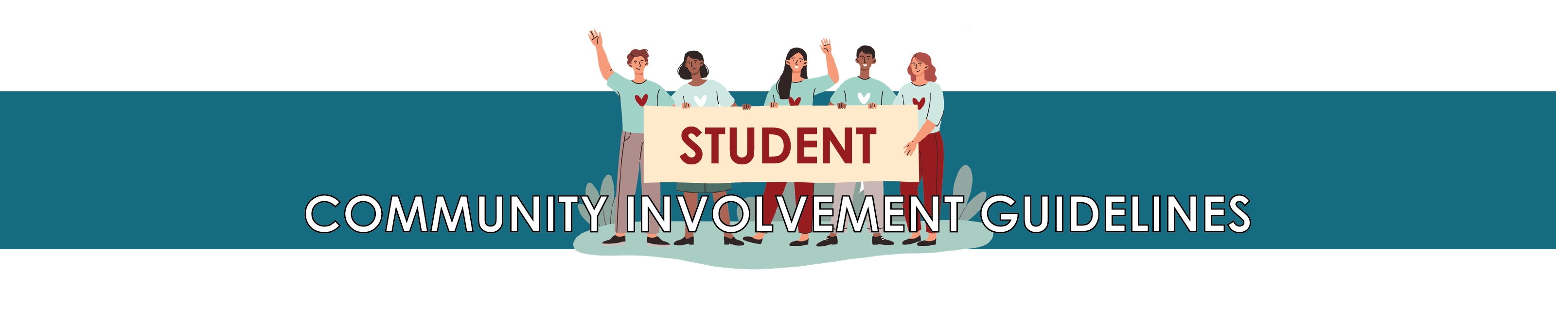 An illustration of a group of students holding a sign that reads Student Community Involvement Guidelines.