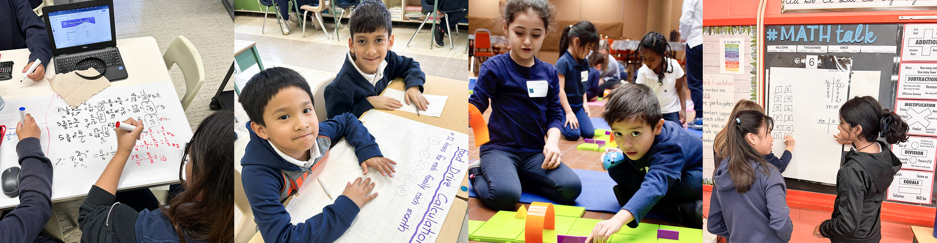 A banner composed of four images. The first photo shows students in uniform working on math sums on large sheets of paper taped to their desks, while consulting a website open to a math resource page. The second photo shows two students at their desks working on a calculations on a large sheet of paper taped to their desk. The third photo shows two students working with colourful math manipulatives on the floor while a teacher encourages them. The fourth photo shows three students working on math sums on a large sheet of graphing paper taped to the chalkboard.
