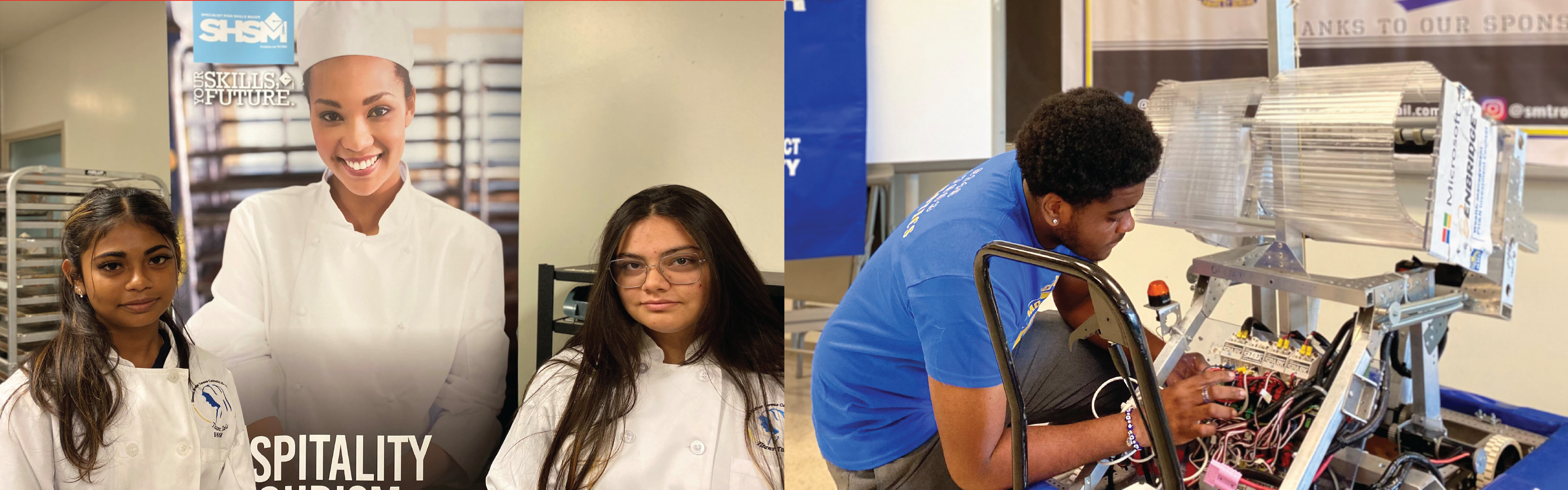 An image consists of 2 pictures: left picture includes 2 female students in white uniform and right picture includes a male student working on an engine. 