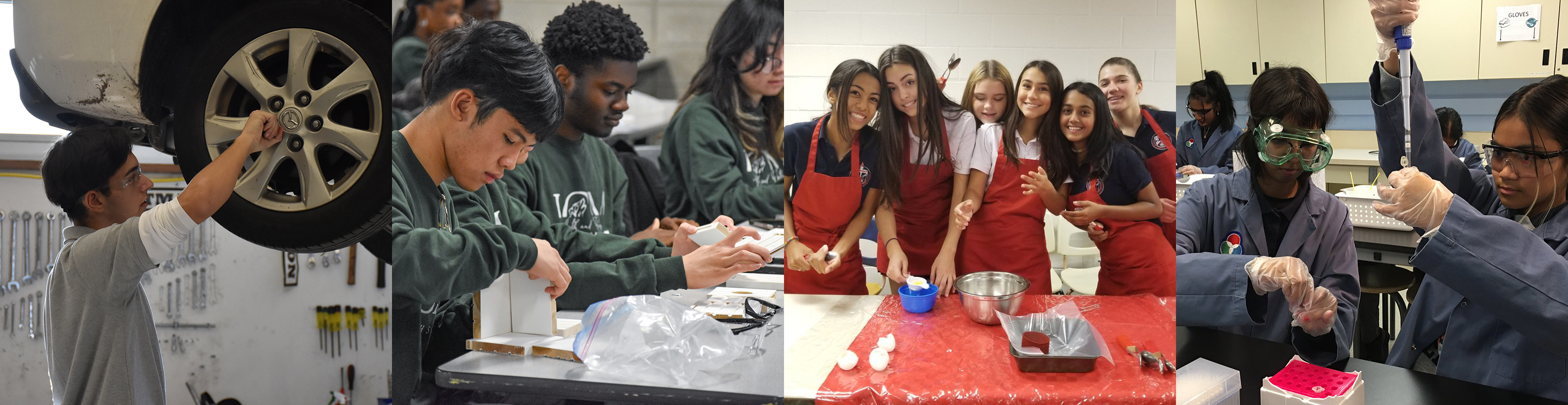 A collage of four photos. The first photo shows a student working on an automotive that needs repair. The seconds photo shows students hard at work carpenting. The third photo is a group photo of girls in red aprons in the middle of preparing dough for baking. The fourth photo shows two students working in a lab.