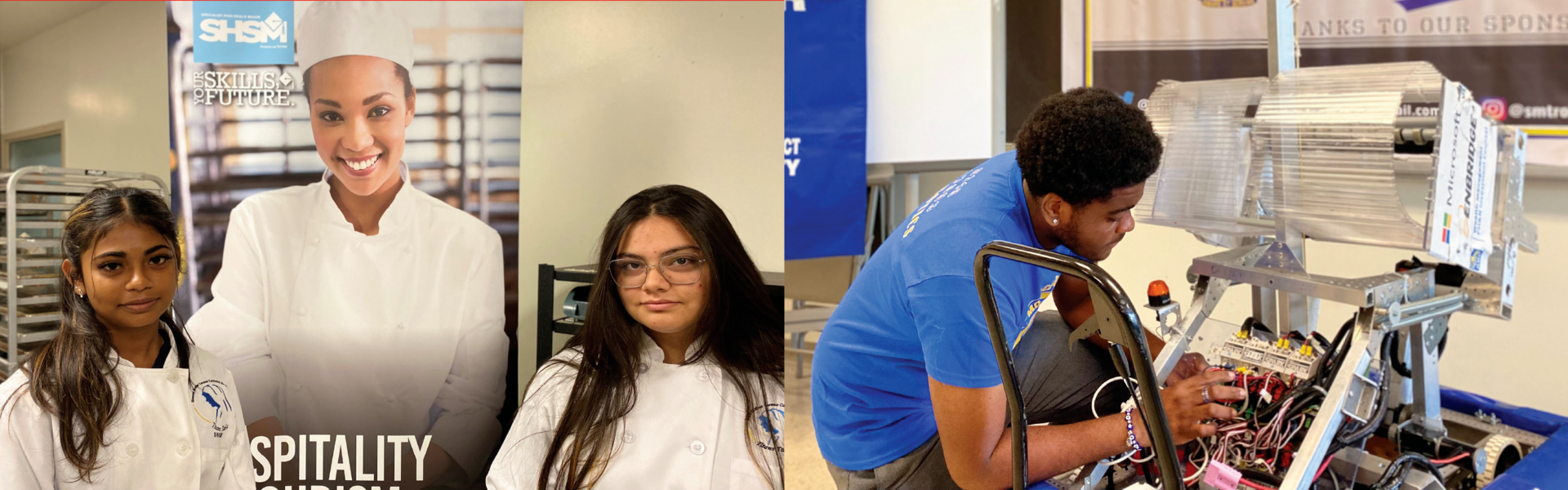 An image consists of 2 photos: left photo includes 2 female students smiling; the right photo includes a male student working on an engine.