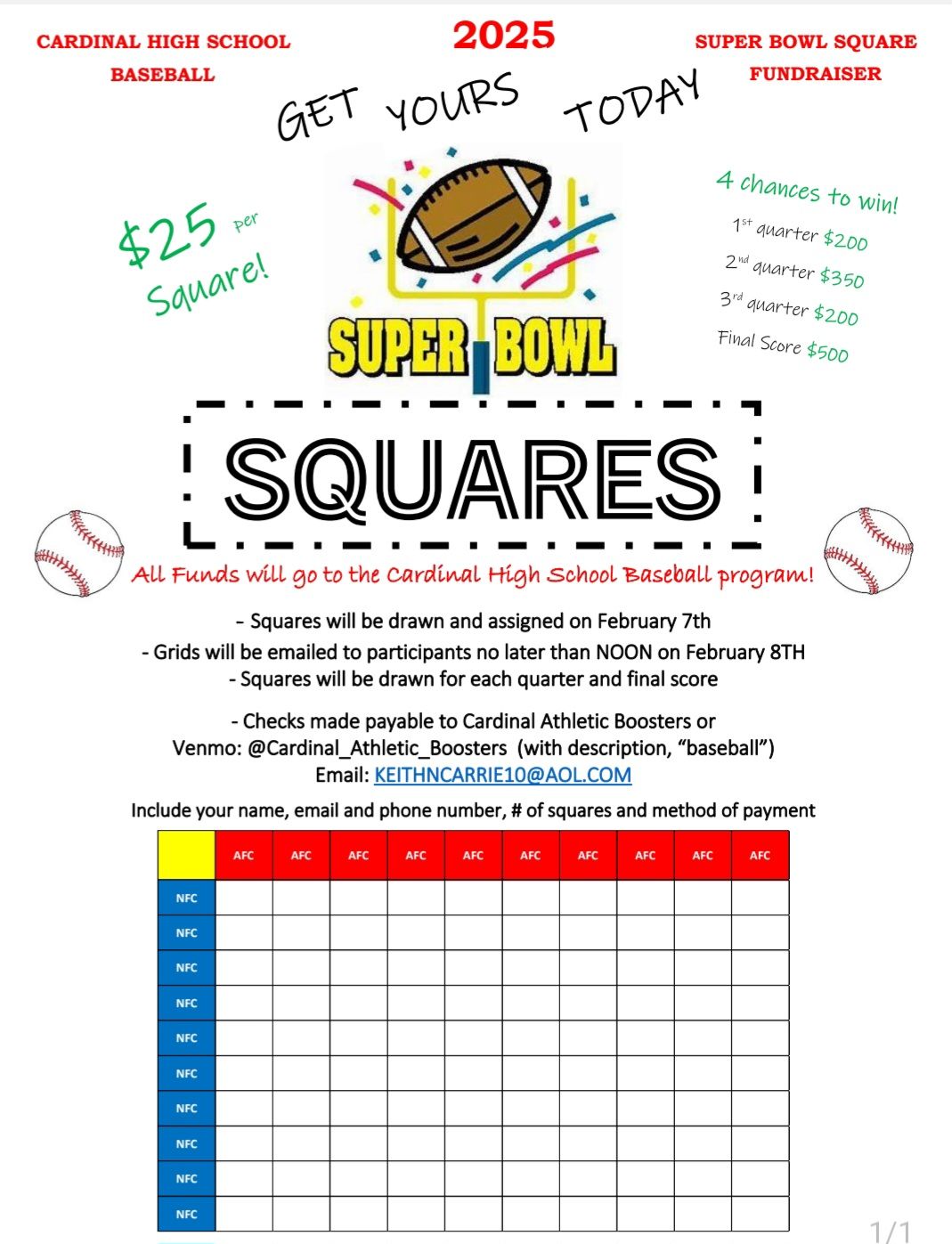 Super Bowl Squares - Fundraiser for the baseball team