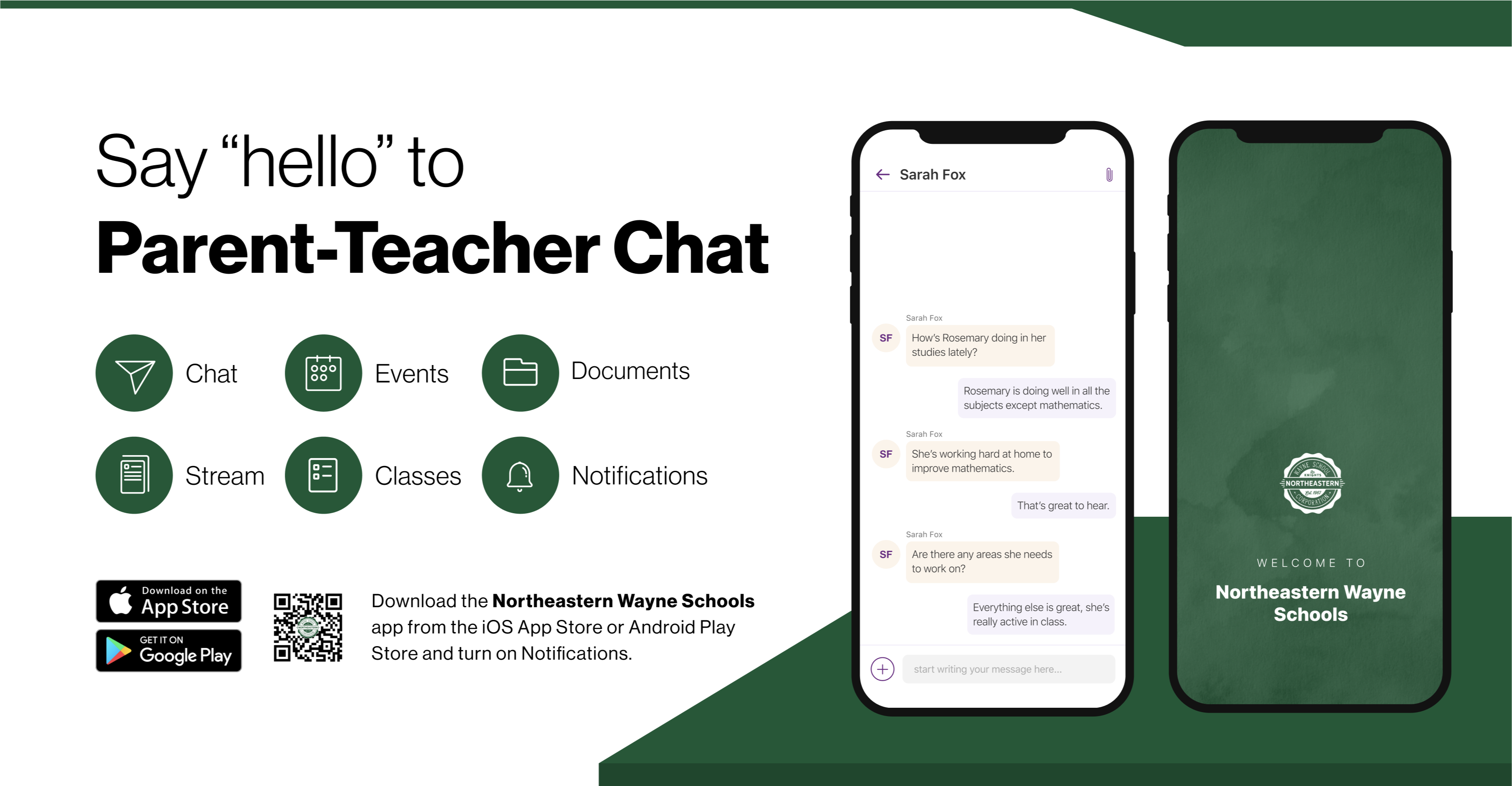 Say hello to Parent-Teacher chat in the new Rooms app. Download the (school name) app in the Google Play or Apple App store