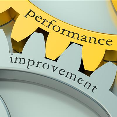 Cogs with the words "performance" and "improvement" etched on them