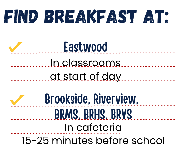 Find Breakfast at: Eastwood - in classrooms at start of day, Brookside, Riverview, BRMS, BRHS, and BRVS - In cafeteria 13-25 minutes before school