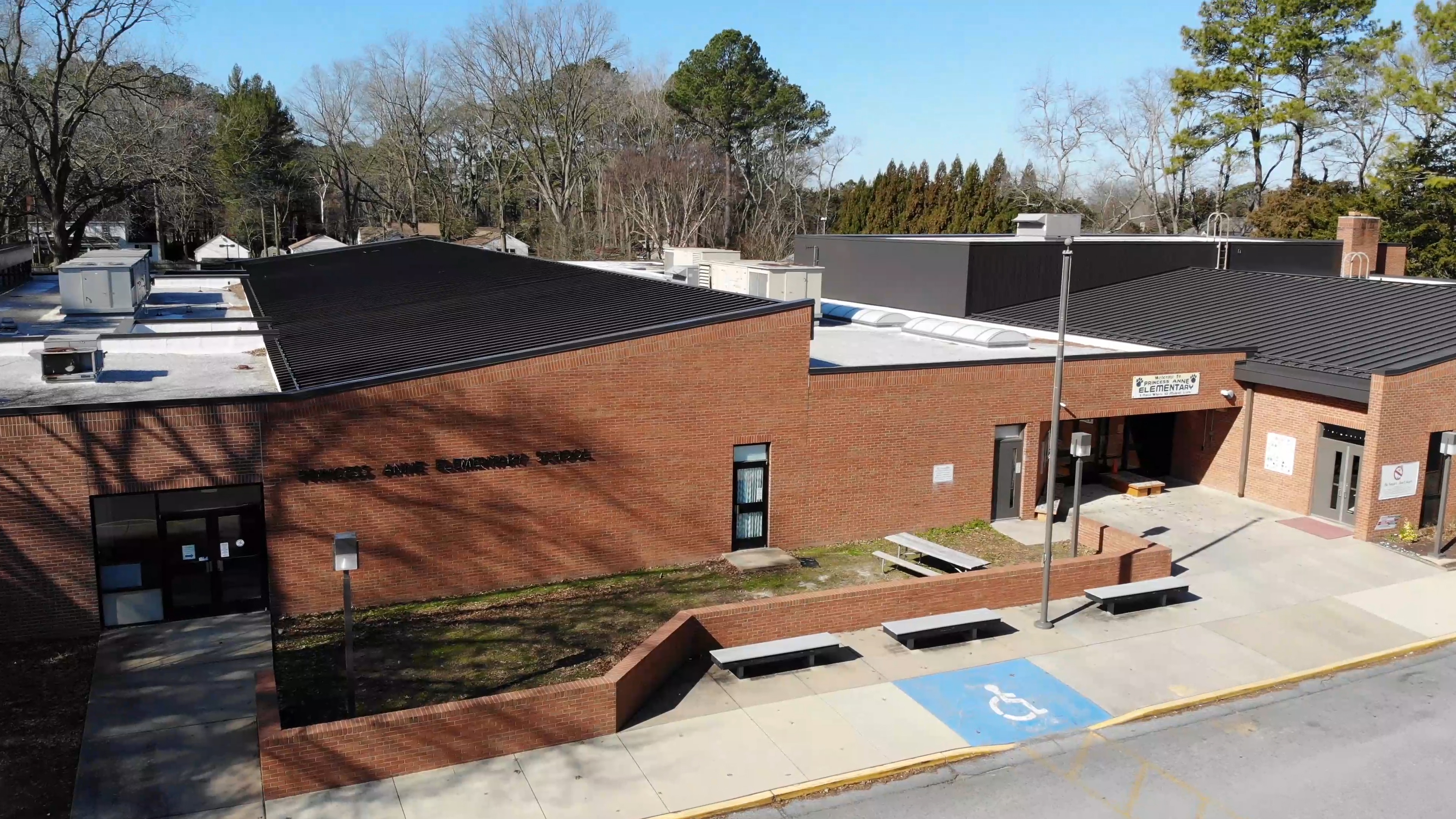 aerial view brick school building