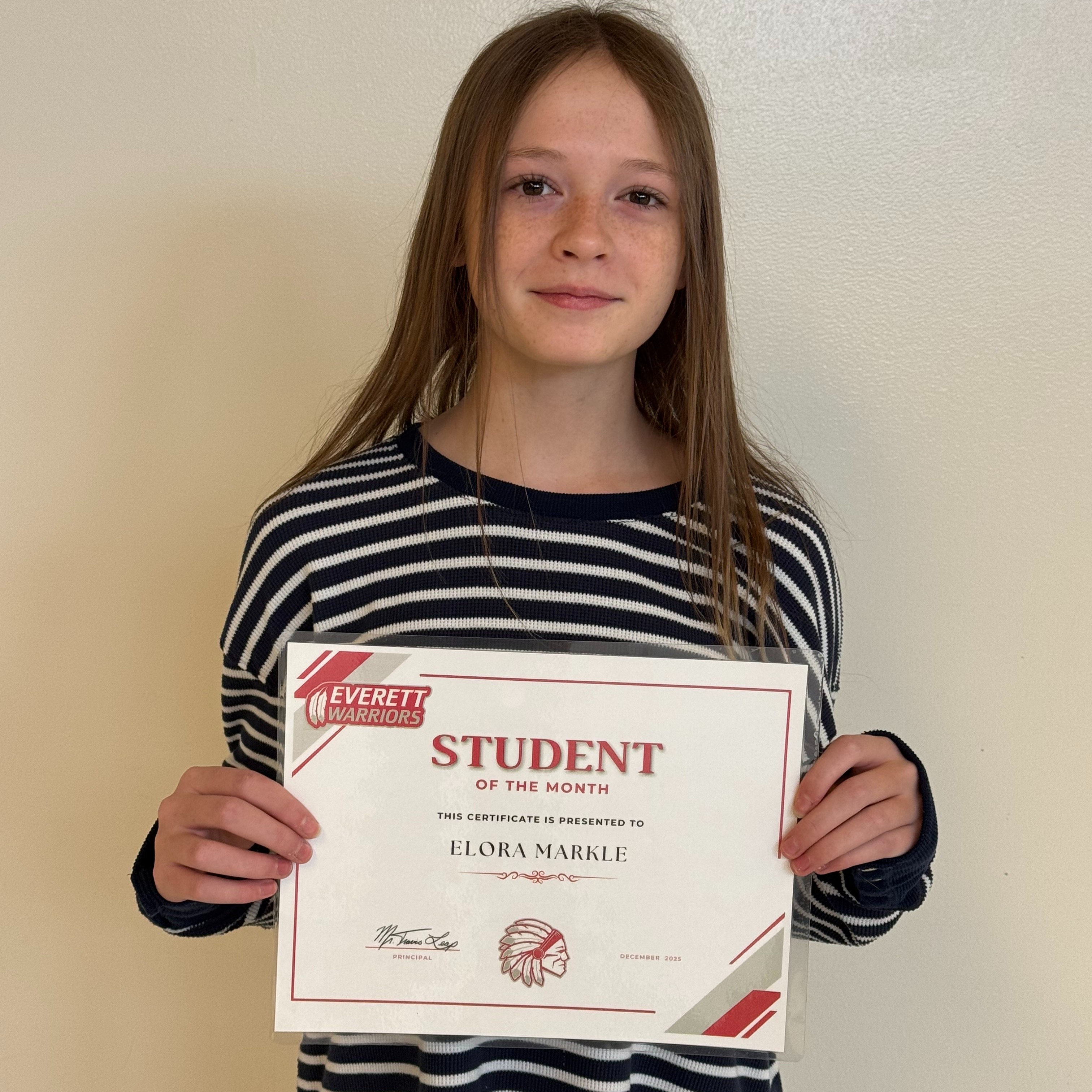 8th Grade student of the month Elora Markle