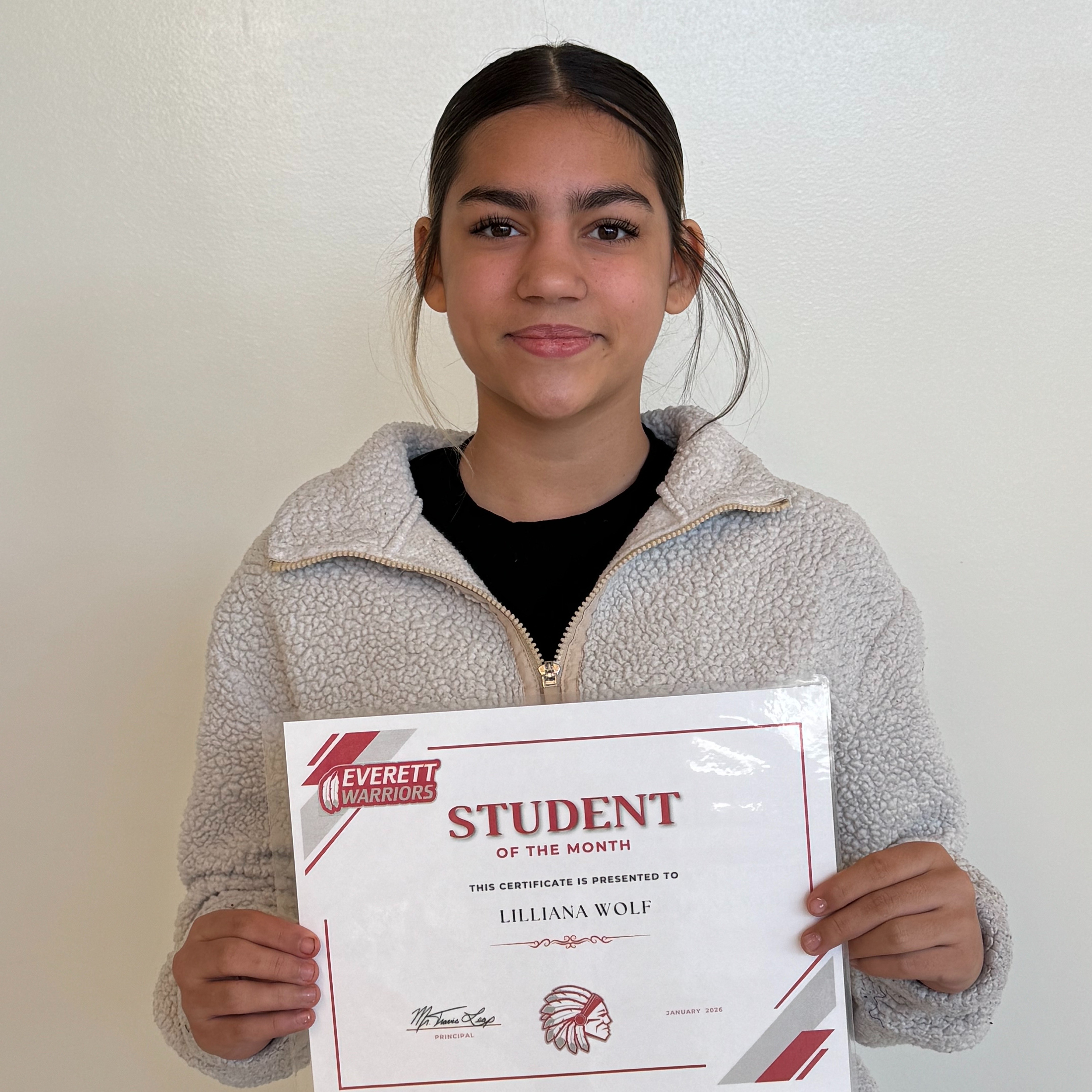 7th Grade January Student of the Month Lilliana Wolf