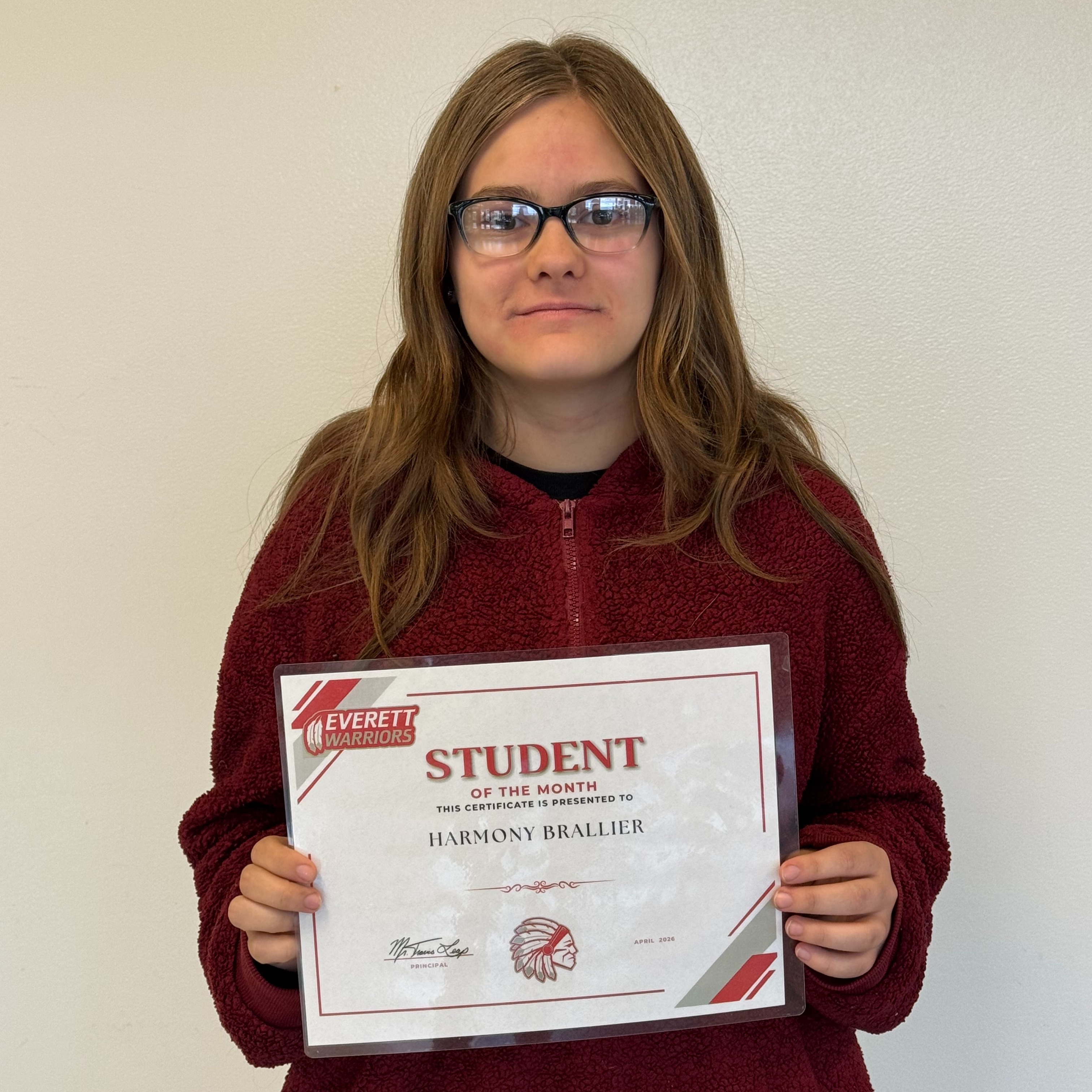 8th Grade April Student of The Month Harmony Brallier