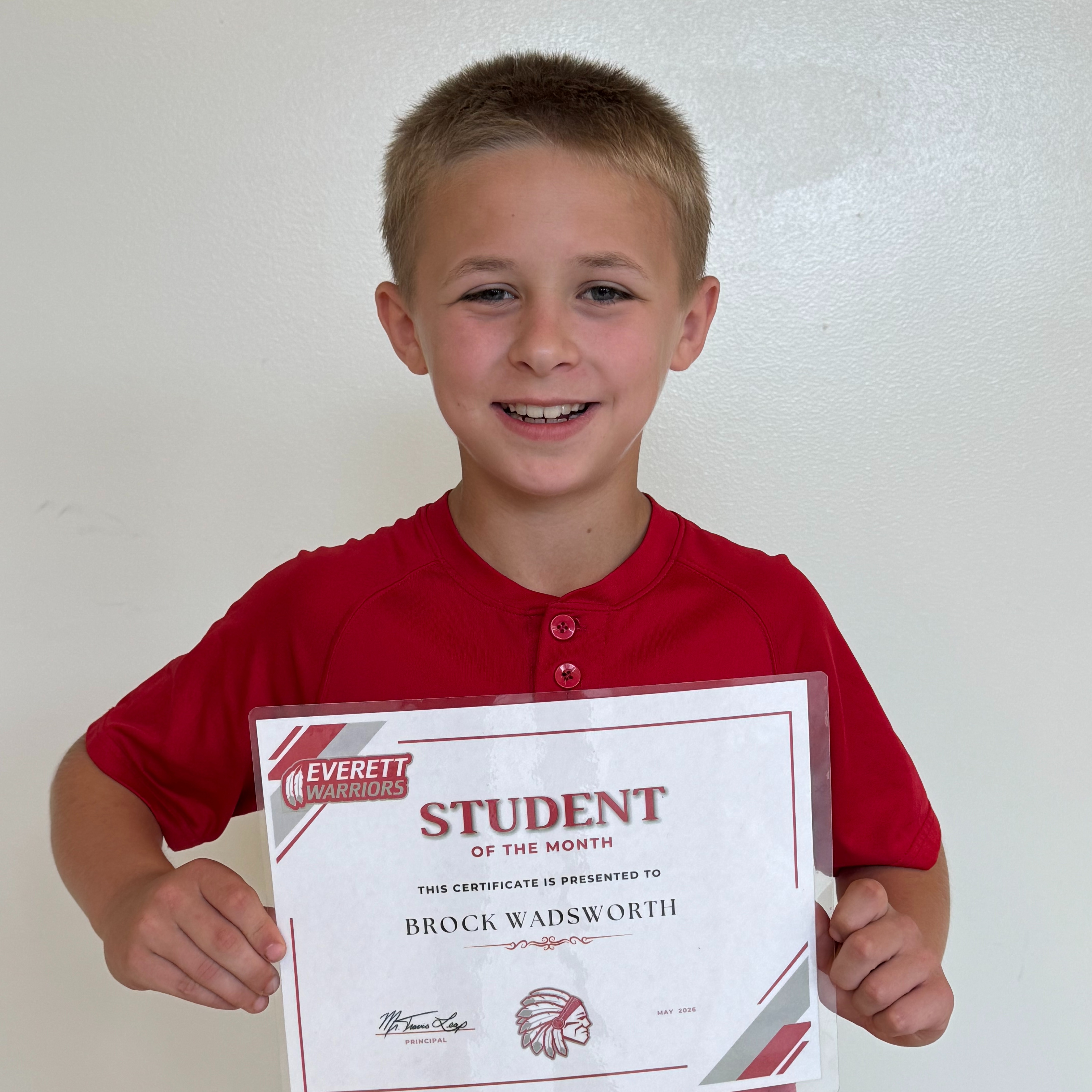 5th Grade May Student of The Month Brock Wadsworth