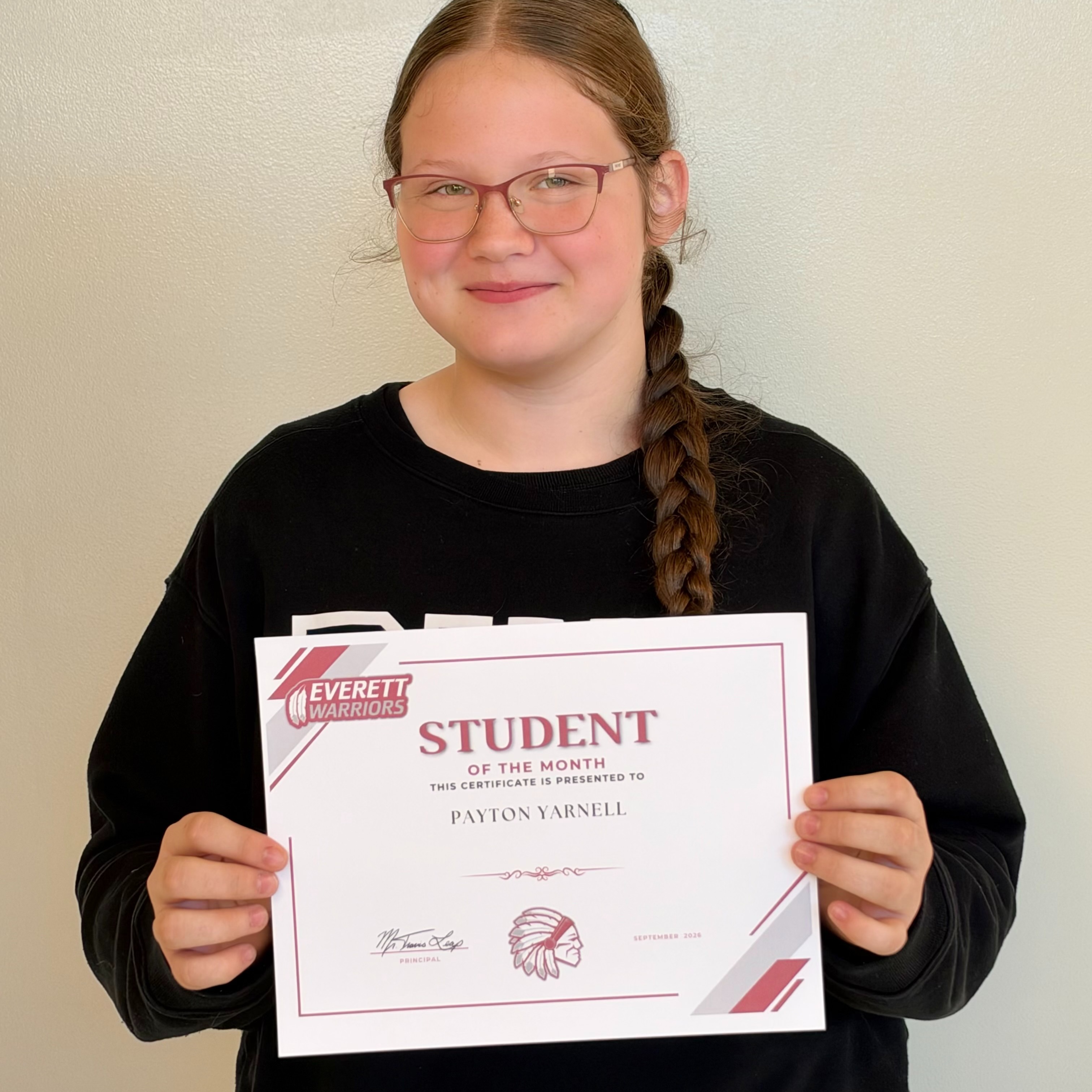 8th grade student of the month Payton Yarnell