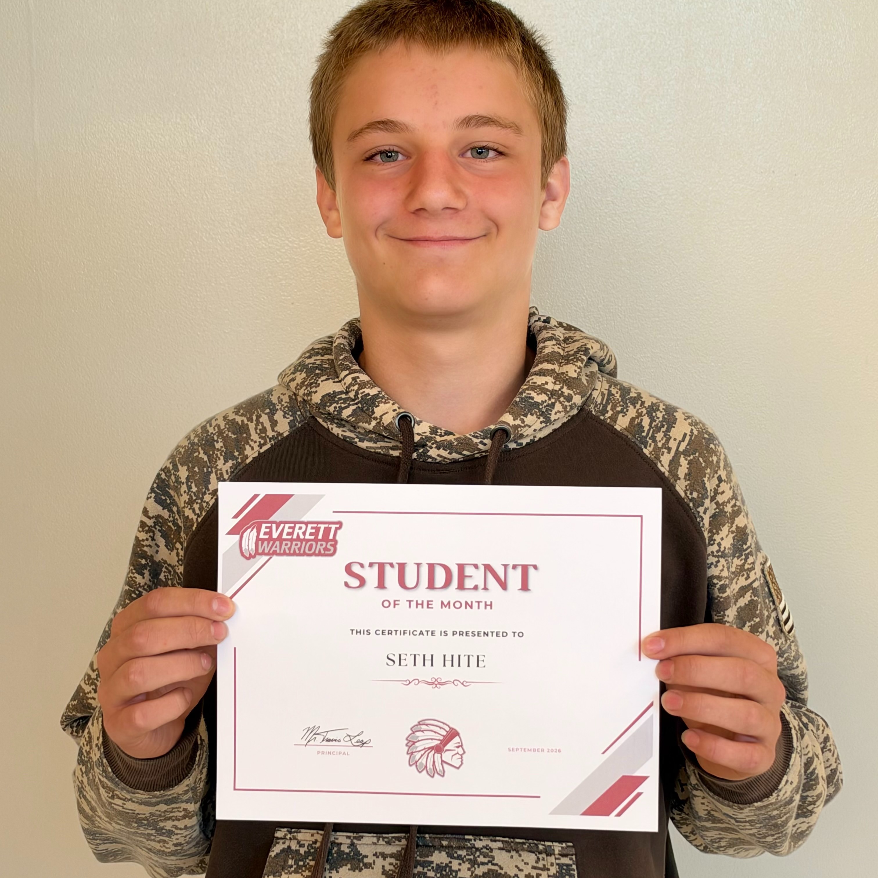 7th grade student of the month Seth Hite